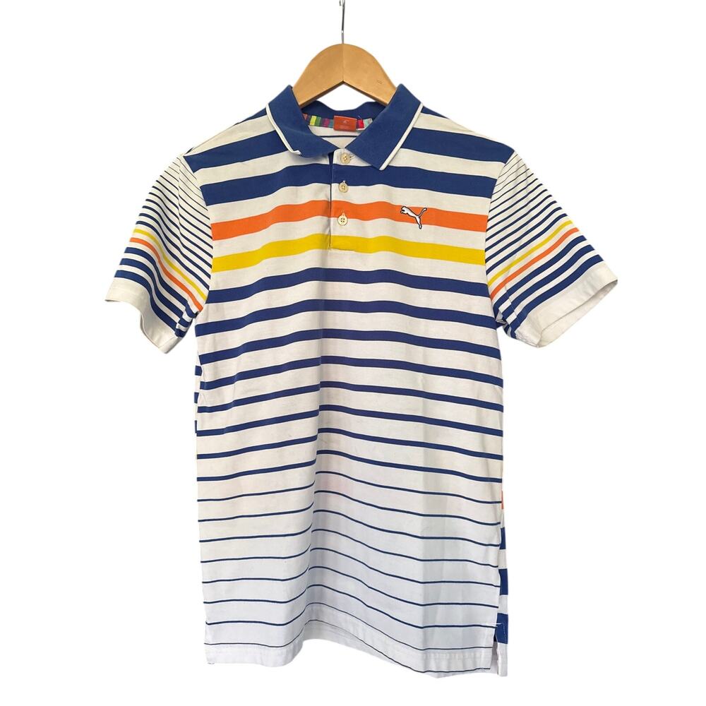 Puma Blue Yellow Orange Stripe Golf Polo Shirt Boys Size XL